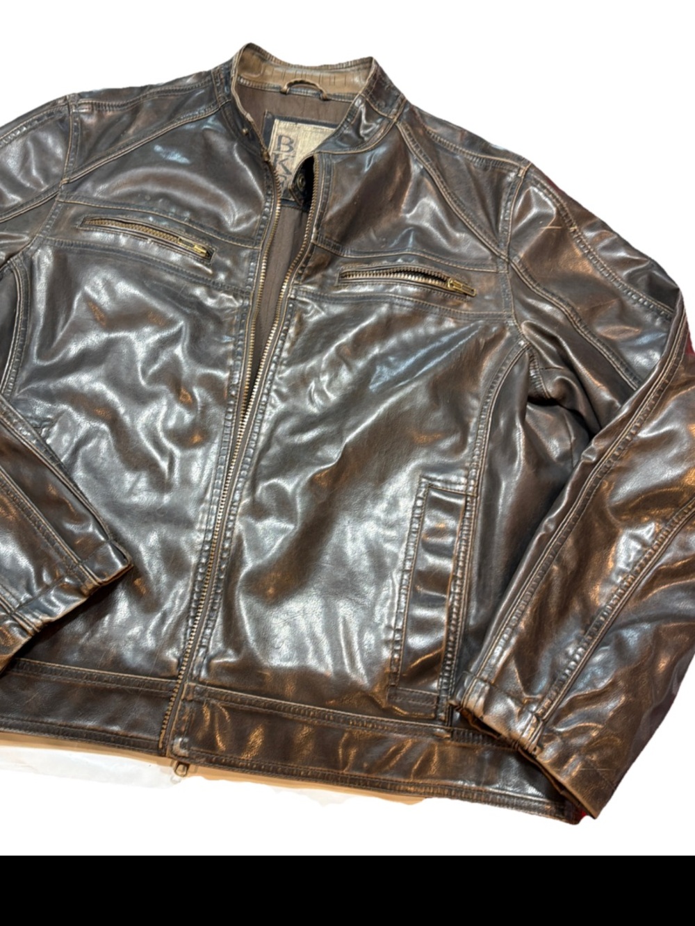 BKE Men’s XL BROWN Faux Leather ZIP JACKET, Moto Biker, Pockets snap STRAP NECK